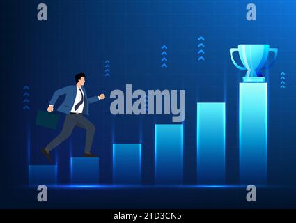 Businessman running upwards Graph the chart to get the trophy. Shows how to do business to reach goals Let the company grow exponentially, Chart price Stock Vector