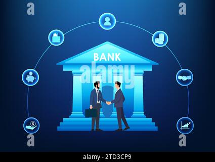 Businessmen shake hands and make an agreement to do business together in front of the bank. Showing how to borrow a loan from a bank in order to work Stock Vector