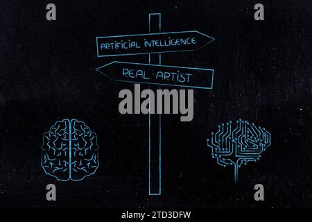artificial intelligence vs real artist road sign conceptual image, from human brain to microchip brain Stock Photo