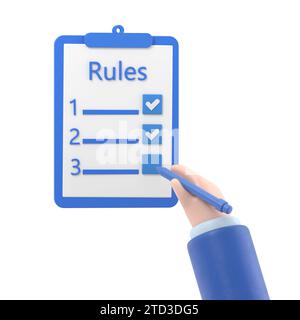 Rules concept. Businessman holding in hand clipboard with regulations. Checklist with requirements. Rule list on blank.3D rendering on white backgroun Stock Photo