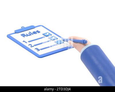 Rules concept. Businessman holding in hand clipboard with regulations. Checklist with requirements. Rule list on blank.3D rendering on white backgroun Stock Photo