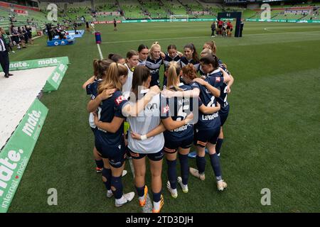 Melbourne, Australia. 16 December, 2023. Melbourne Victory FC team huddle before the start of the game. Credit: James Forrester/Alamy Live News Stock Photo