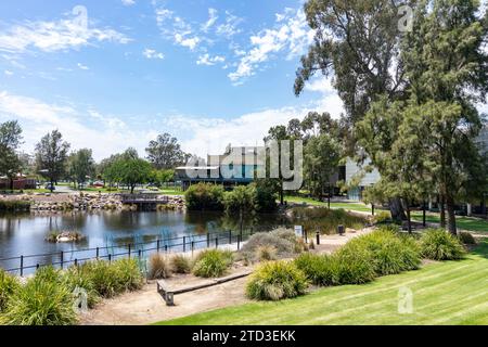 Wagga Wagga Australia, town centre with views of council offices, theatre playhouse and surrounding lagoon,Australian regional city, 2023 Stock Photo