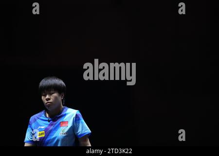 (231216) -- NAGOYA, Dec. 16, 2023 (Xinhua) -- Wang Yidi of China reacts during the women's singles quarterfinals against Zhang Rui of China at the WTT Finals Women Nagoya 2023 table tennis tournament in Nagoya, Japan, on Dec. 16, 2023. (Xinhua/Zhang Xiaoyu) Stock Photo