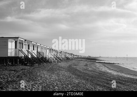 Black and white image of the beach huts at Thorpe Bay, near Southend-on-Sea, Essex, England, United Kingdom Stock Photo