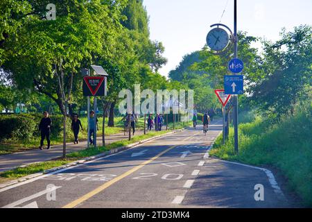 Seoul, South Korea - June 2, 2023: Gwangnaru Hangang Park bustling with activity, featuring cyclists on the bike path and walkers on the pedestrian pa Stock Photo