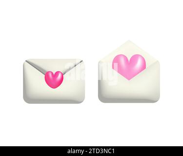 3d white opened and closed mail envelopes with pink hearts Stock Vector