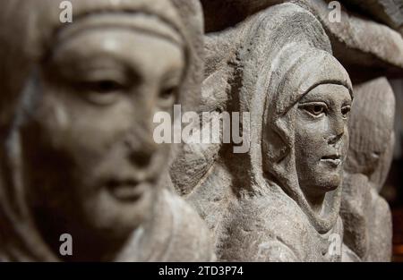 Mozac. Saint-Pierre Abbey Church. Capital of the Holy Women at the Tomb, known as the capital of the Resurrection. Puy de Dome department. Stock Photo