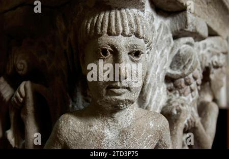 Mozac. The atlantes. Sculptures of Saint-Pierre Abbey Church. Puy de Dome department. Auvergne-Rhone-Alpes. France Stock Photo