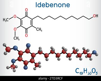 Idebenone molecule. It is antioxidant, ferroptosis inhibitor, synthetic analog of coenzyme Q10. Structural chemical formula and molecule model. Stock Vector