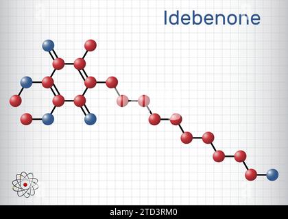 Idebenone molecule. It is antioxidant, synthetic analog of coenzyme Q10. Structural chemical formula, molecule model. Sheet of paper in a cage. Stock Vector