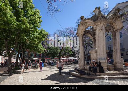 Largo do Carmo with fountain Chafariz do Carmo, Chiado district, Lisbon, Portugal Stock Photo