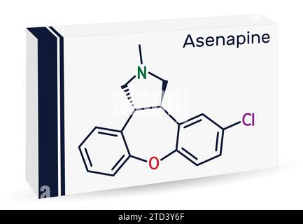 Asenapine molecule. Skeletal chemical formula. Paper packaging for drugs Stock Vector