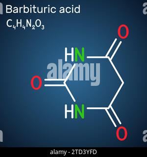 Barbituric acid, malonylurea or 6-hydroxyuracil molecule. Structural chemical formula on the dark blue background Stock Vector