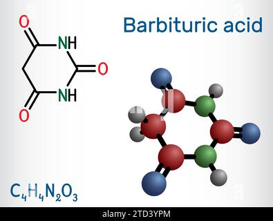 Barbituric acid, malonylurea or 6-hydroxyuracil molecule. It is parent compound of barbiturate drugs. Structural chemical formula and molecule model. Stock Vector