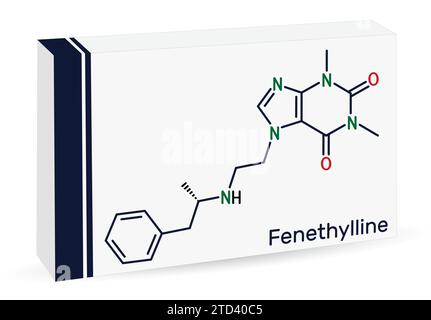 Fenethylline, phenethylline, amfetyline, fenetylline molecule. Paper packaging for drugs Stock Vector