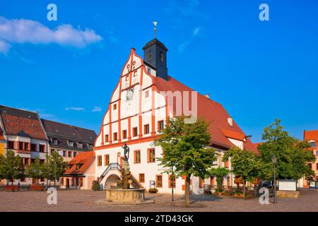 Grimma Town Hall. In the historic old town, the imposing Renaissance town hall stands out as the focal point of the town Stock Photo