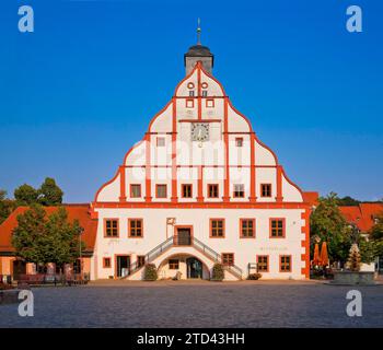 Grimma Town Hall. In the historic old town, the imposing Renaissance town hall stands out as the focal point of the town Stock Photo