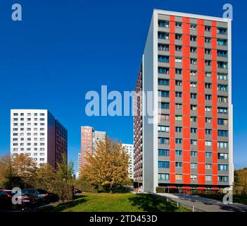 The 17-storey tower blocks from the 1970s are typical examples of GDR prefabricated housing. Following interior and exterior modernisation, they now Stock Photo