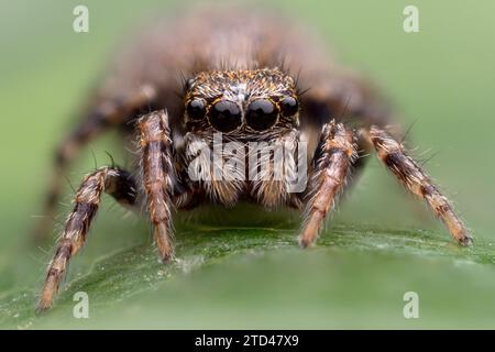 Pseudeuophrys lanigera Jumping Spider on plant leaf. Tipperary, Ireland Stock Photo