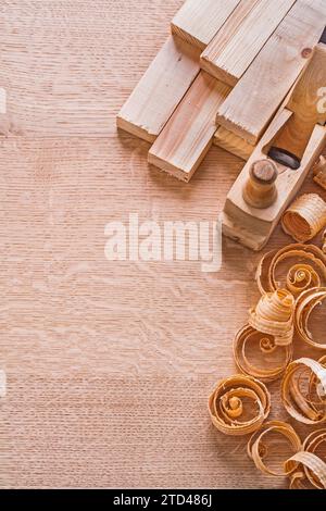 Copyapce picture wooden shavings old fashioned woodworker planing boards on board building concept Stock Photo