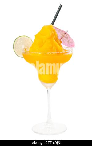 Frozen mango margarita daiquiri with lime black straw and pink umbrella isolated on white background, food photography Stock Photo