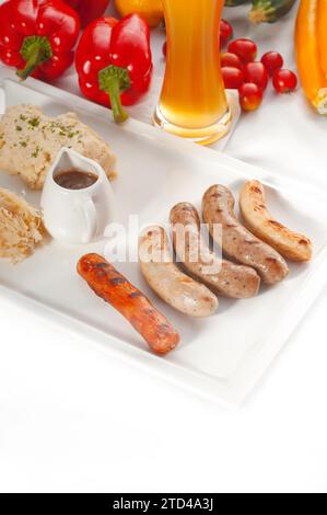 Selection of all main type of german wurstel saussages, frankfurter, wiener, bratwurst, Fraenkische, Coburger, Kulmbacher, Nuernberger, Wuerzburger Stock Photo