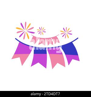 Party buntings garlands with bursting fireworks vector illustration Stock Vector
