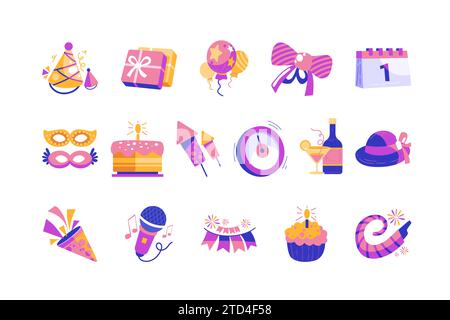 Happy Birthday and New Year Party elements collection in hand drawn style. Stock Vector