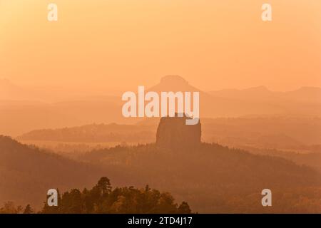 View from the Carola rock into the Schrammstein area in the back of Saxon Switzerland, to the Falkenstein and the Lilienstein Stock Photo