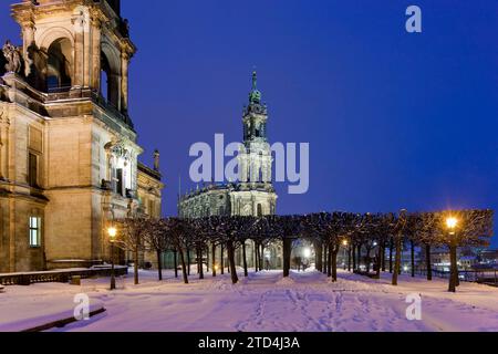 Bruehl's Terrace in winter. Building of the Saxon Art Association and the Academy of Fine Arts. Bruehl's Terrace is an architectural ensemble and a Stock Photo