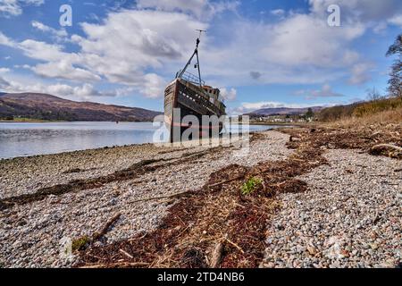 Old Boat of Caol, a shipwreck on the shore of Loch Linnhe, Near Fort William, Scotland Stock Photo