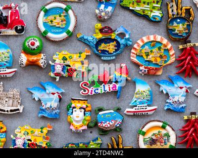 Magnets souvenirs for sale in Sicily Stock Photo