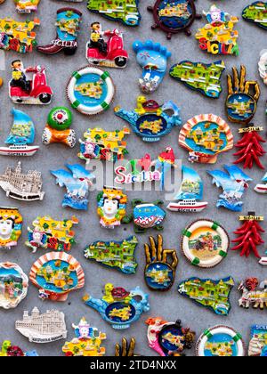 Magnets souvenirs for sale in Sicily Stock Photo