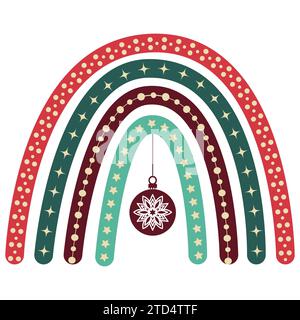 Christmas rainbow in pastel colors, vector illustration. Boho rainbow with Christmas tree ball, snowflakes, stars. Stock Vector