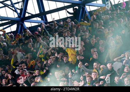 Norwich City fans in the stands during the Sky Bet Championship match at Portman Road, Ipswich. Picture date: Saturday December 16, 2023. Stock Photo