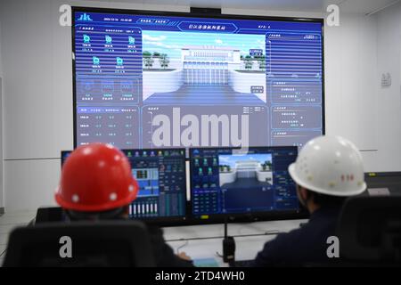(231216) -- HEFEI, Dec. 16, 2023 (Xinhua) -- Staff members work at the central control room of Zongyang pumping station in east China's Anhui Province, Dec. 16, 2023.  Anhui section of the first phase of a water diversion project, which diverts water from the Yangtze River to the Huaihe River, starts its trial operation on Saturday.   It is one of the 172 major water conservancy projects for water saving and supply in China, integrating functions of water supply, shipping and ecological protection, etc. (Xinhua/Zhang Duan) Stock Photo