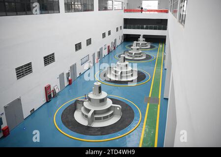 (231216) -- HEFEI, Dec. 16, 2023 (Xinhua) -- This photo taken on Dec. 16, 2023 shows the facilities inside Zongyang pumping station in east China's Anhui Province.  Anhui section of the first phase of a water diversion project, which diverts water from the Yangtze River to the Huaihe River, starts its trial operation on Saturday.   It is one of the 172 major water conservancy projects for water saving and supply in China, integrating functions of water supply, shipping and ecological protection, etc. (Xinhua/Zhang Duan) Stock Photo