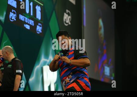 London, UK. London, UK. 16th December 2023,  Alexandra Palace, London, England; 2023/24 PDC Paddy Power World Darts Championships Day 2 Afternoon Session; Sandro Eric Sosing celebrates winning a leg against Lee Evans in the 3rd set. Credit: Action Plus Sports Images/Alamy Live News Credit: Action Plus Sports Images/Alamy Live News Stock Photo