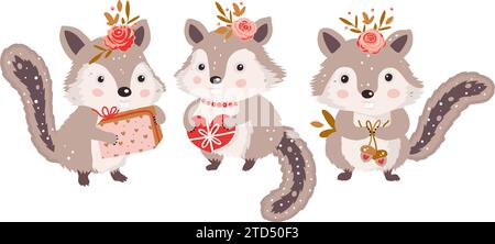Cute chipmunk animal set. Forest woodland character collection with gift and flower. Vector happy funny greeting card for Valentine day and birthday. Stock Vector