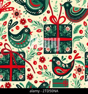 Folk Art Bird and Gift Box Ethnic Holiday Christmas Vector Seamless Pattern Naive Motif Stock Vector