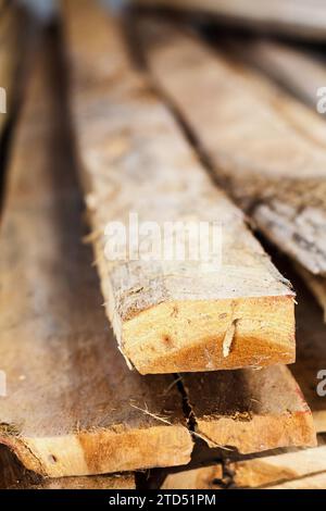 Large stack of wood planks, teak wood Stock Photo