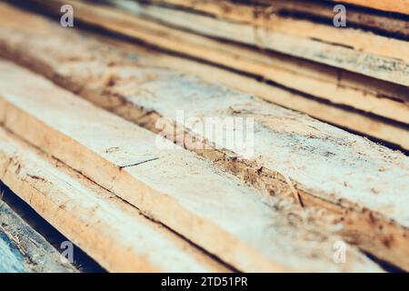 Large stack of wood planks, teak wood Stock Photo