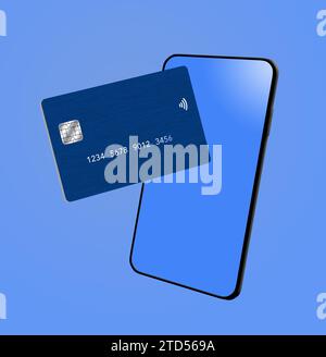 A generic  blue credit card is seen with a modern sleek mobile phone with a blue screen and all on a blue background in a 3-d illustration. Stock Photo