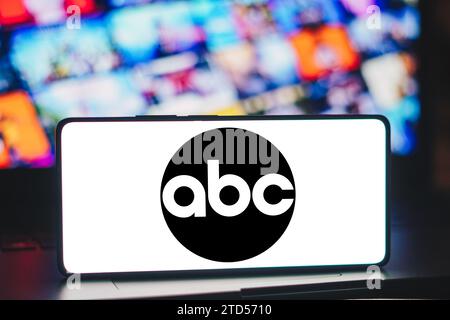 In this photo illustration, the American Broadcasting Company (ABC) logo is displayed on a smartphone screen. Stock Photo