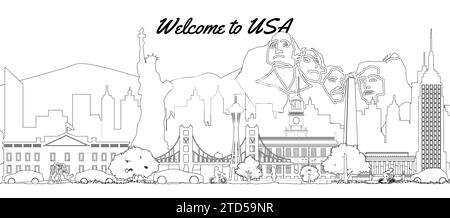 usa famous landmarks silhouette outline style,vector illustration Stock Vector