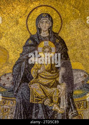 mosaic in Hagia Sophia of the Mother of God with the baby Jesus on her lap, Istanbul, Turkey, October 8, 2013 Stock Photo