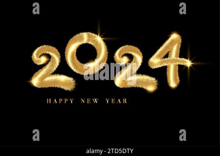 2024 Happy new year made of gold fir branches in golden Fur effect style. Happy Holiday Shiny Luxury Festive Numbers Design, vector banner Stock Vector