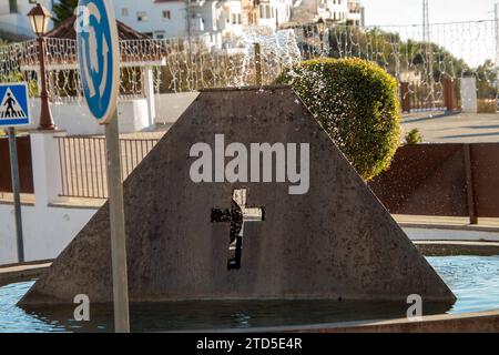 Roundabout with the Christian cross, representing Christianity. On the opposite sides are the Star of David, representing Judaism, and the crescent, representing Islam Frigiliana Plaza de las Tres Culturas Spain Copyright: xKristianxTuxenxLadegaardxBergx IMG 1086 Stock Photo