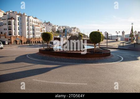 Roundabout with the Christian cross, representing Christianity. On the opposite sides are the Star of David, representing Judaism, and the crescent, representing Islam Frigiliana Plaza de las Tres Culturas Spain Copyright: xKristianxTuxenxLadegaardxBergx IMG 1090 Stock Photo